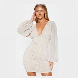 Stone mesh ruched balloon sleeve bodycon dress
